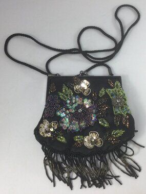 Vintage Lancome Hand Beaded Black Small Purse Long Strap Glamour Elegant